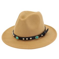 Beige Wide Brim Fedora Hat Felt Panama Jazz Cap Unisex Men Women,Turquoise Strap
