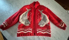 vintage RED hand knit Mary Maxim "angler's pride" cowichan sweater medium