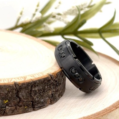 Industrial Gear Design 8mm Black Titanium Ring CZ Inlay Engraved Christmas Gifts