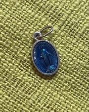 Antique Blue Medallion France Miraculous Pendant Vintage Religious Charm