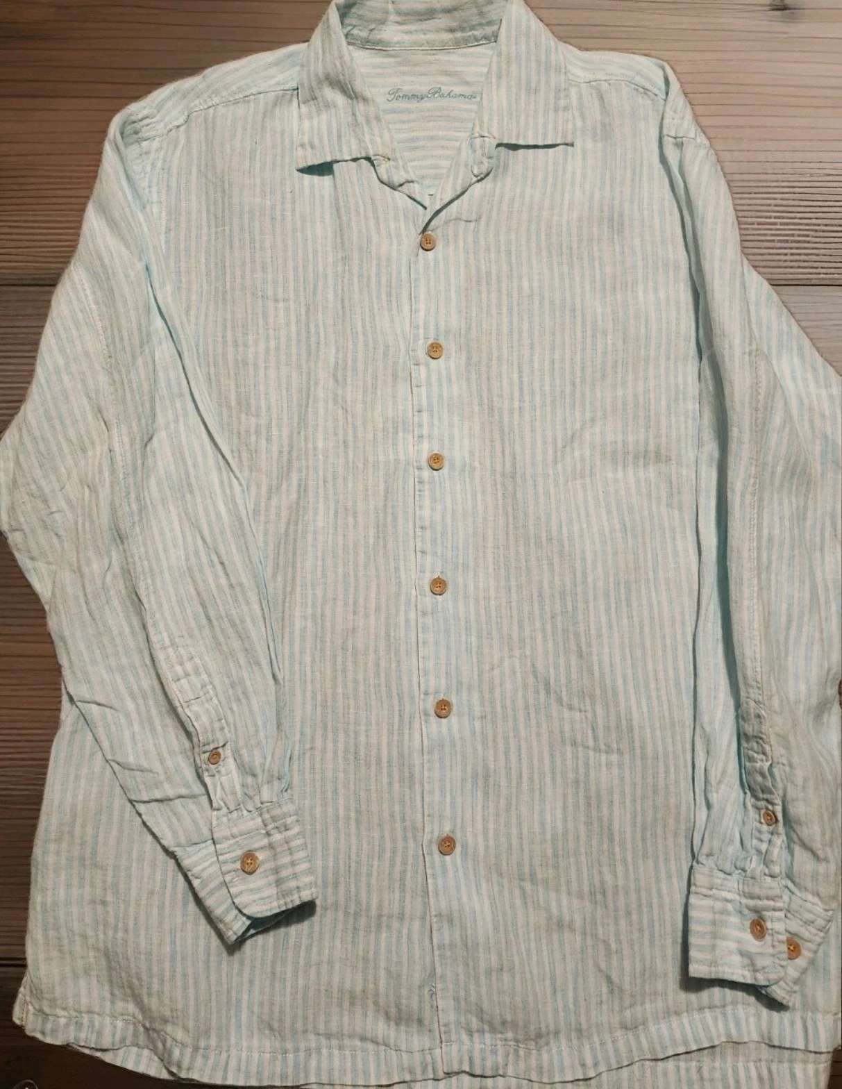Tommy Bahama Shirt Mens Large Blue White Striped Linen Preppy Casual Beach
