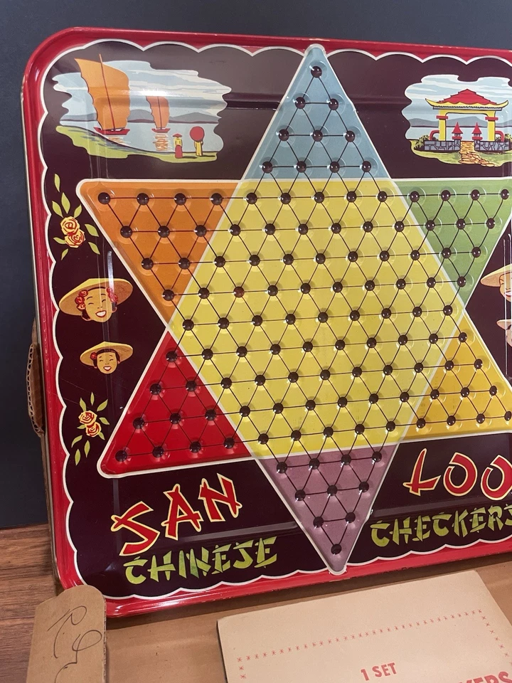 Vintage SAN LOO Chinese Checkers Game Board Tin Northwestern Products Missouri - Image 4 of 4