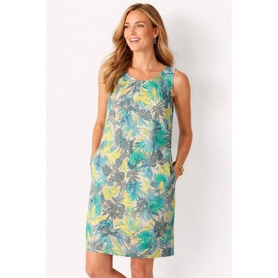Lands End Shift Dress Women XL Blue Green Floral Tropical Linen Lagenlook Boho