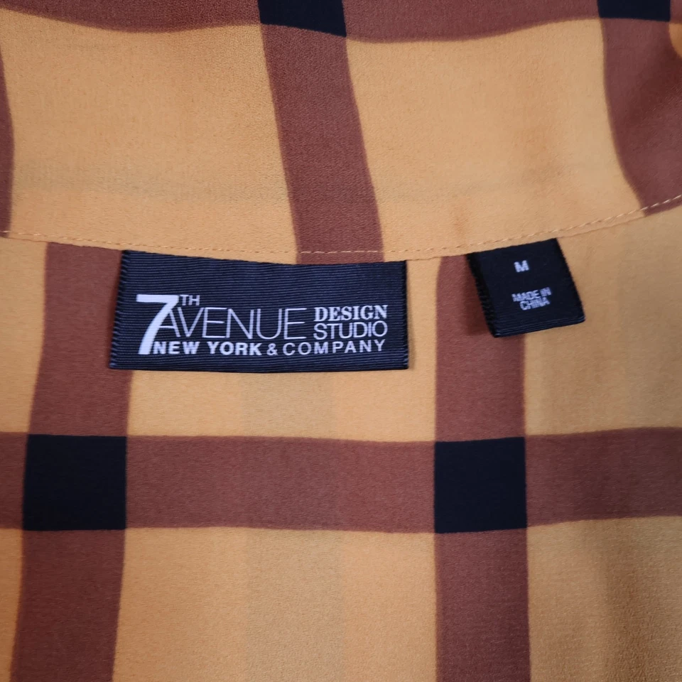 New York & Company Blouse Yellow & Brown Plaid Tie-V-Neck 3/4 Sleeve Size M - Image 3 of 4