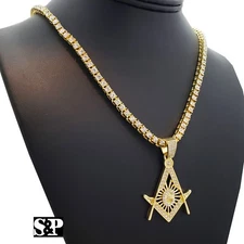 Hip Hop Iced Masonic Freemason Pendant & 1 Row CZ Tennis 24" Chain Necklace
