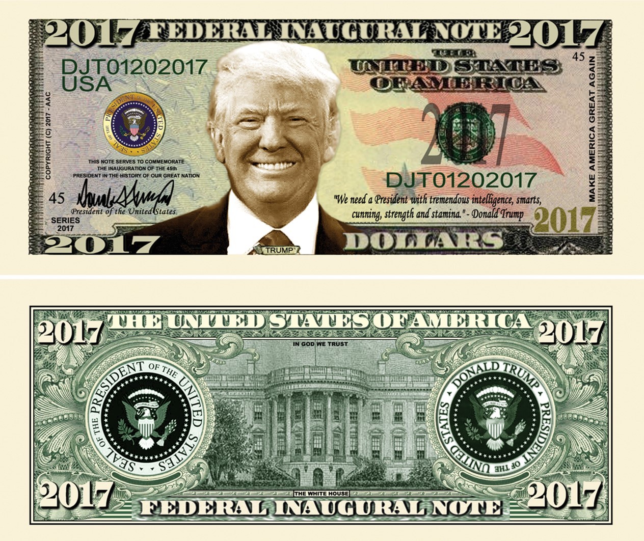 OUR 2017 PRESIDENT DONALD TRUMP INAUGURAL DOLLAR BILL (2 Bills)