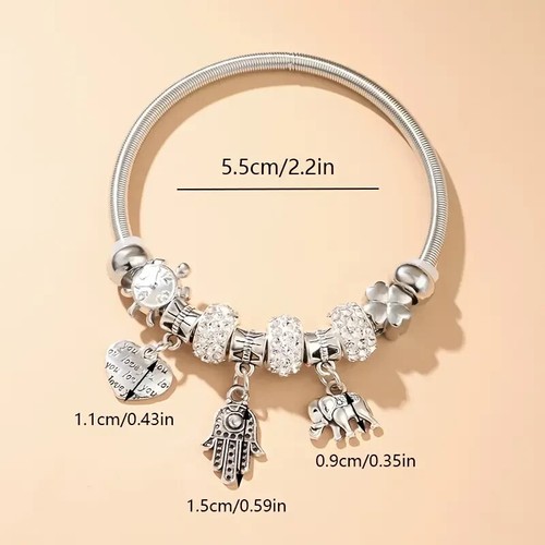 Sparkling Rhinestone Love Heart Elephant Pendant Charm Beaded Silver Bracelet - 第 6/6 張圖片