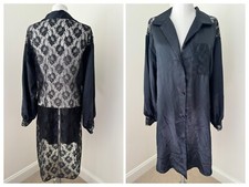 Lily of France Sleepwear L Gown Button Black Satin Sheer Lace Back 62099 Vtg USA