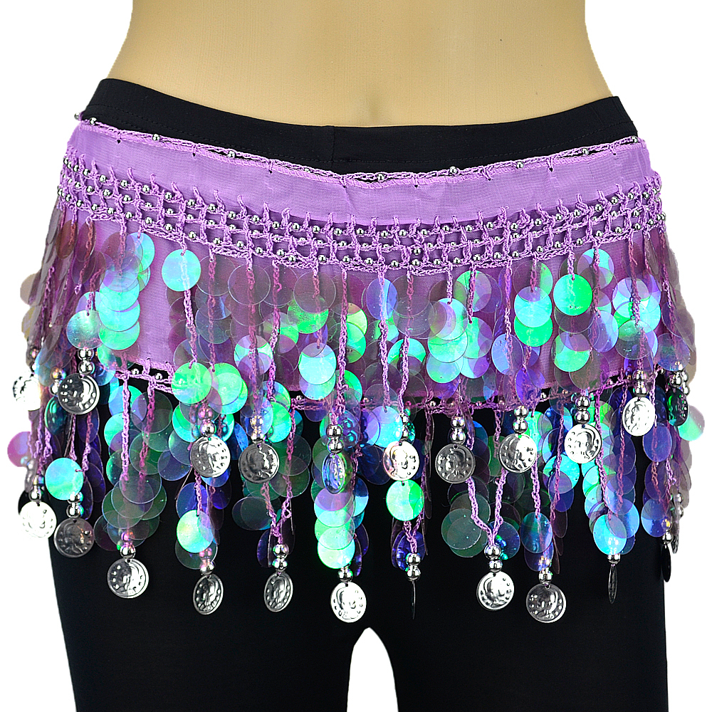 Belly Dance Hip Scarf With Solid Sequins & Coins - Chiffon Wrap With Gold/Silver Beads For Women