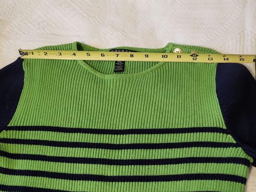 Lauren Ralph Lauren Lime Green Navy Blue Stripe Sweater Gold Button Accent WM M - Picture 7 of 8