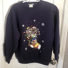 VTG Ugly Christmas Stocking Bear Crewneck Purple Womens M Snowflake Sweatshirt