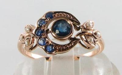 UNUSUAL 9K 9CT ROSE GOLD BLUE SAPPHIRE & PEARL SUN & MOON RING FREE RESIZE
