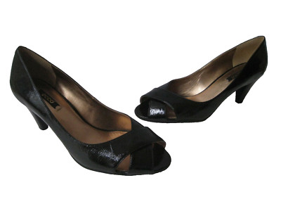 ECCO BLACK CRINKLE PATENT LEATHER PEP TOE PUMP 3'' HEELS  US 10-10.5 EUR 41 HOT
