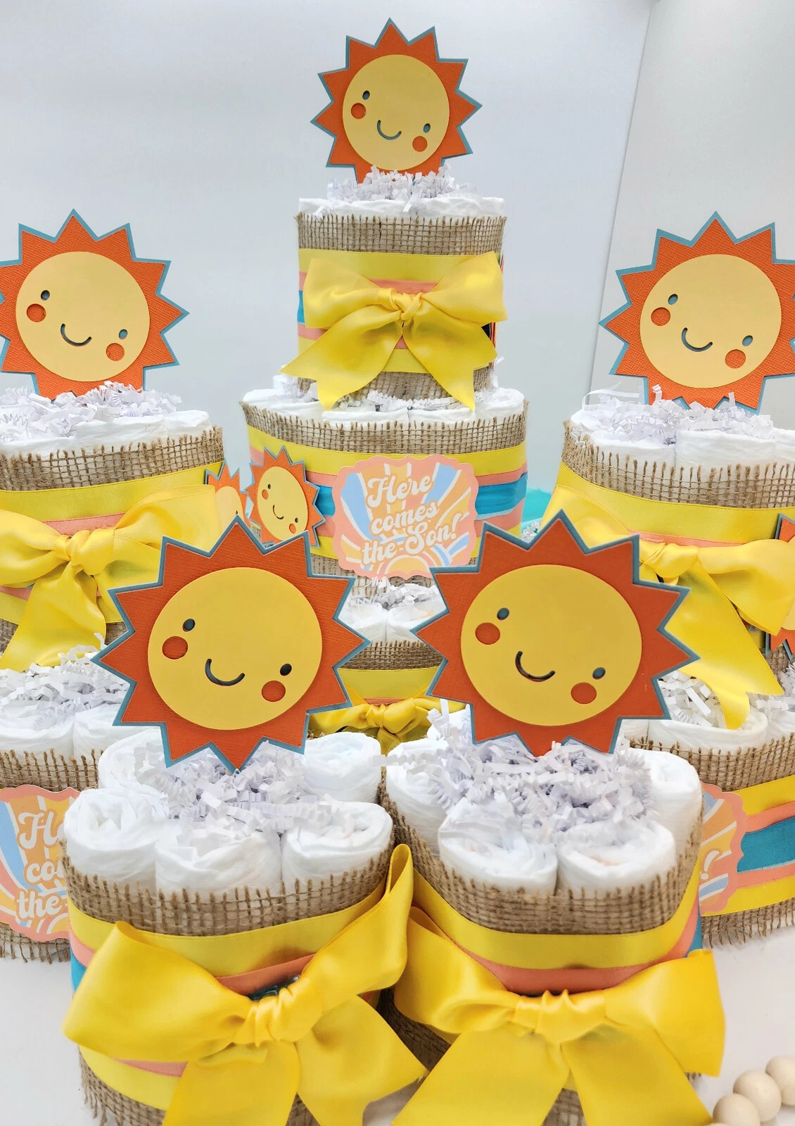 3 Tier Diaper Cake and sets - Here Comes the Son Theme Sun Baby Shower Yellow