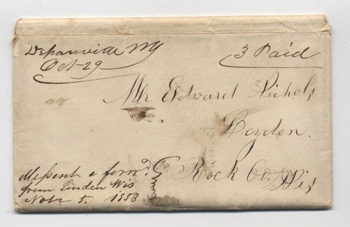 1853 Depauville NY manuscript stampless cover missent forwarded Linden WI h.6540