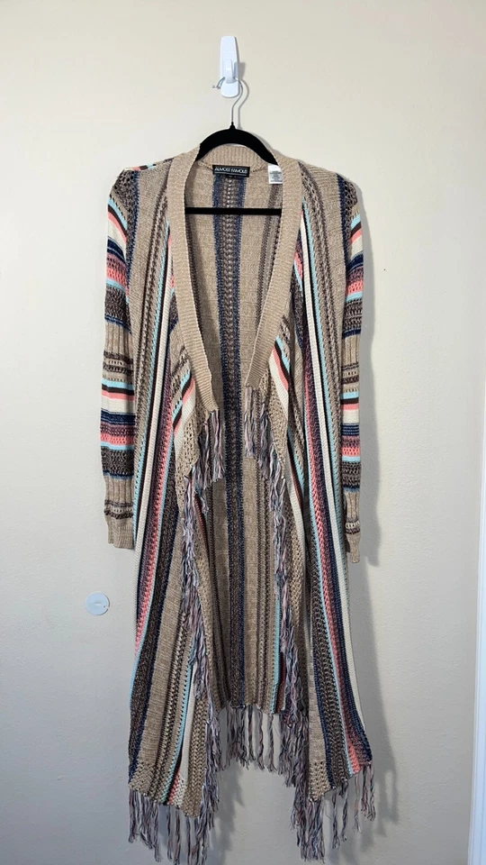 Almost Famous Longline Waterfall Striped Fringe Cardigan Size Small - Image 2 of 4