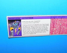 1985 G1 TRANSFORMERS ASTROTRAIN DECEPTICON TECH SPEC FILE CARD 100% ORIGINAL!!!