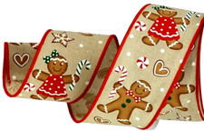 Gingerbread Boy Girl 2.5" by 2 yd Wired Ribbon Christmas Candy Canes Stars