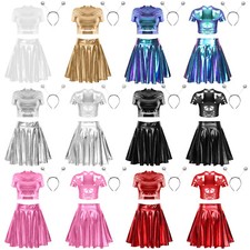 Womens Outfit Cosplay Crop Top Flared Skirt Alien Costume Clubwear Hair Hoop