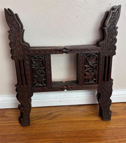 Vintage Moroccan Indian Carved Wood & Hammered Brass Folding Table - Picture 13 of 17