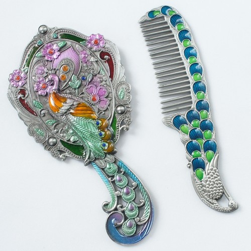 Colorful Enameled Peacock Pattern Cosmetic Hand Held Mirror Comb Set - Picture 6 of 13