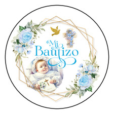 12 Mi Bautizo Stickers Favors Labels tags Spanish 2.5" Boy Blue Floral Baptism