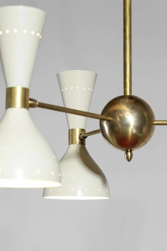 Lampadario a clessidra Stilnovo fatto a mano metà secolo 3 bracci 6 lampadine decorazione fatta a mano - Foto 6 di 9