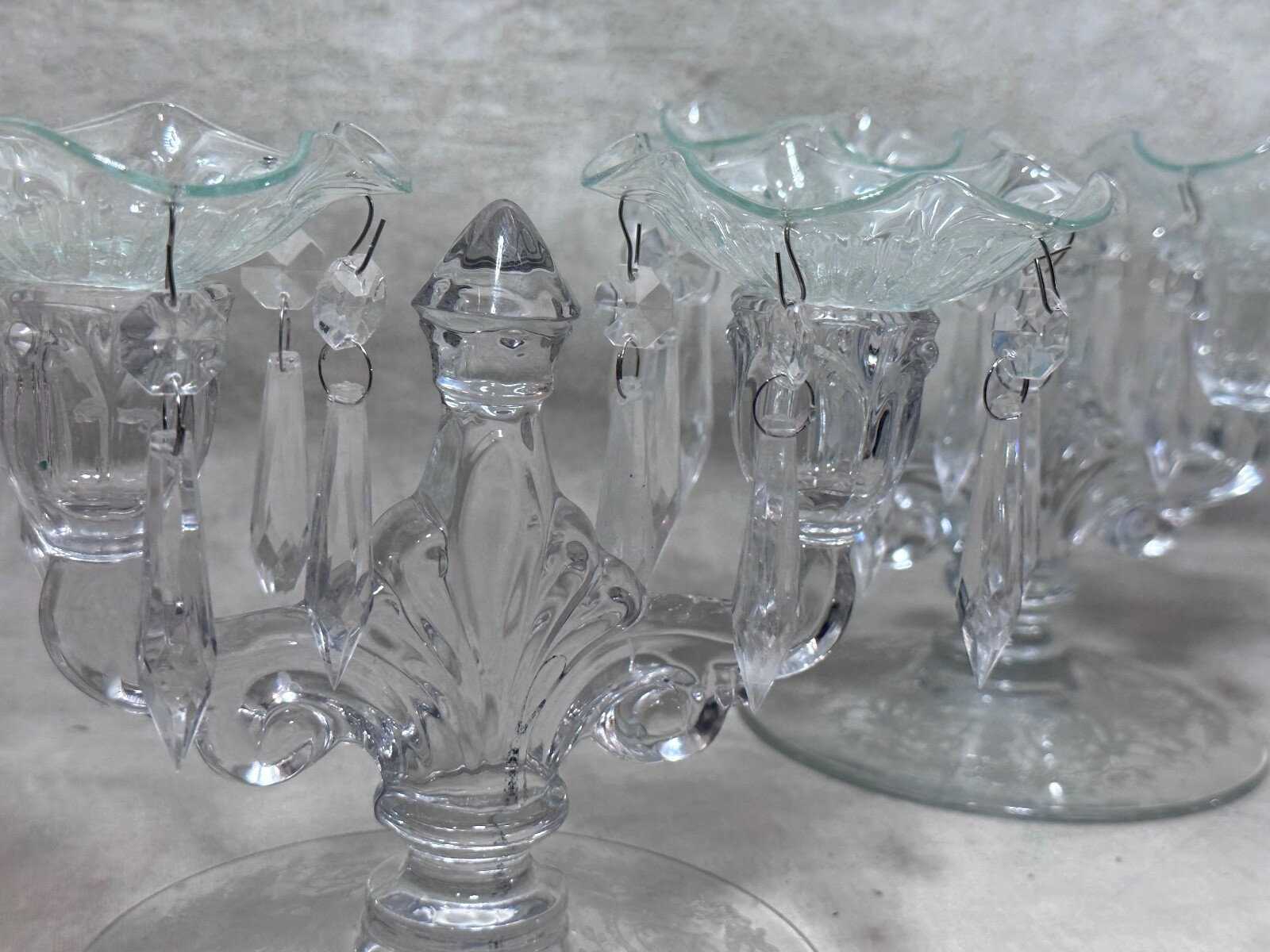 Pair Antique Art Deco Candlestick Candle Holders Prisms by Heisey Glass