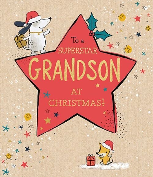 Christmas Card Superstar Grandson Dog – Luxury Traditional Xmas Card Made in UK