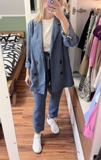 ZARA Nadelstreifen Anzug Blazer Paperbag Highwaist Hose 34 36 XS S blau Lyocell