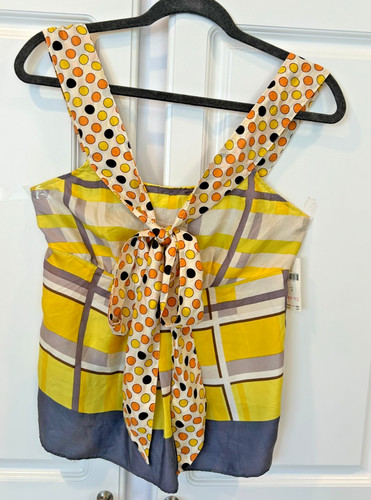 NWT ANTHROPOLOGIE 100% SILK, GORGEOUS TOP W MULTI PATTERN, YELLOW & GRAY SZ: 4