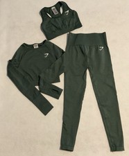 Gymshark 3 piece Long Sleeve Crop Top sports Bra and leggings Green size Small