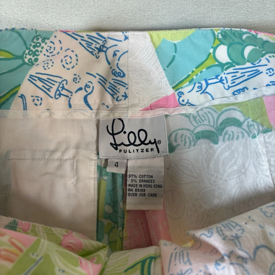 Pantalones Lilly Pulitzer Talla 4 Saltwater Life Parche Pierna Recta Elastizados Cáscara de Tortuga Foto 3 de 4