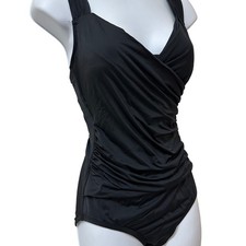 Jantzen Womens Black Surplice Ruched Tummy Control One Piece Swimsuit JZ22700M 4