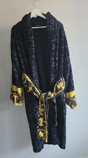 VERSACE I Love Baroque Bathrobe Navy Blue Gold Logo Cotton Terry Dressing Gown