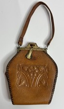 Antique Art Nouveau Hand Tooled Brown Leather Handbag 1915 Floral Purse Wilson