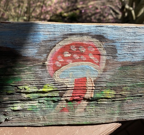 Vtg Mushroom Birds Handpainted Barn Board Wood Plaque Wall Hanging Folk Art - Picture 4 of 11