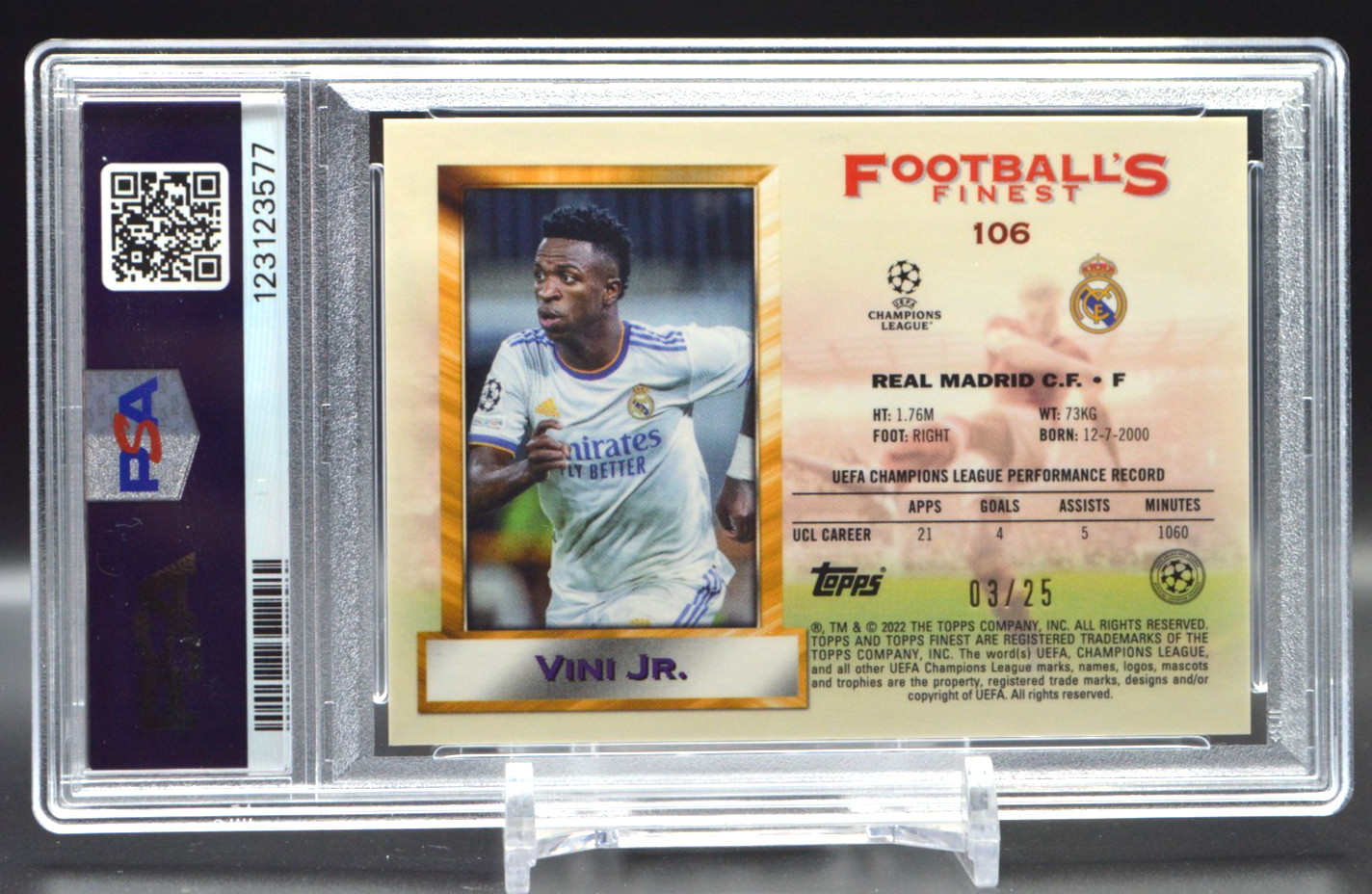 2021 Vinicius Jr Topps Finest Flashback UCL Black Refractor SSP /25 PSA 10 Gem view 2