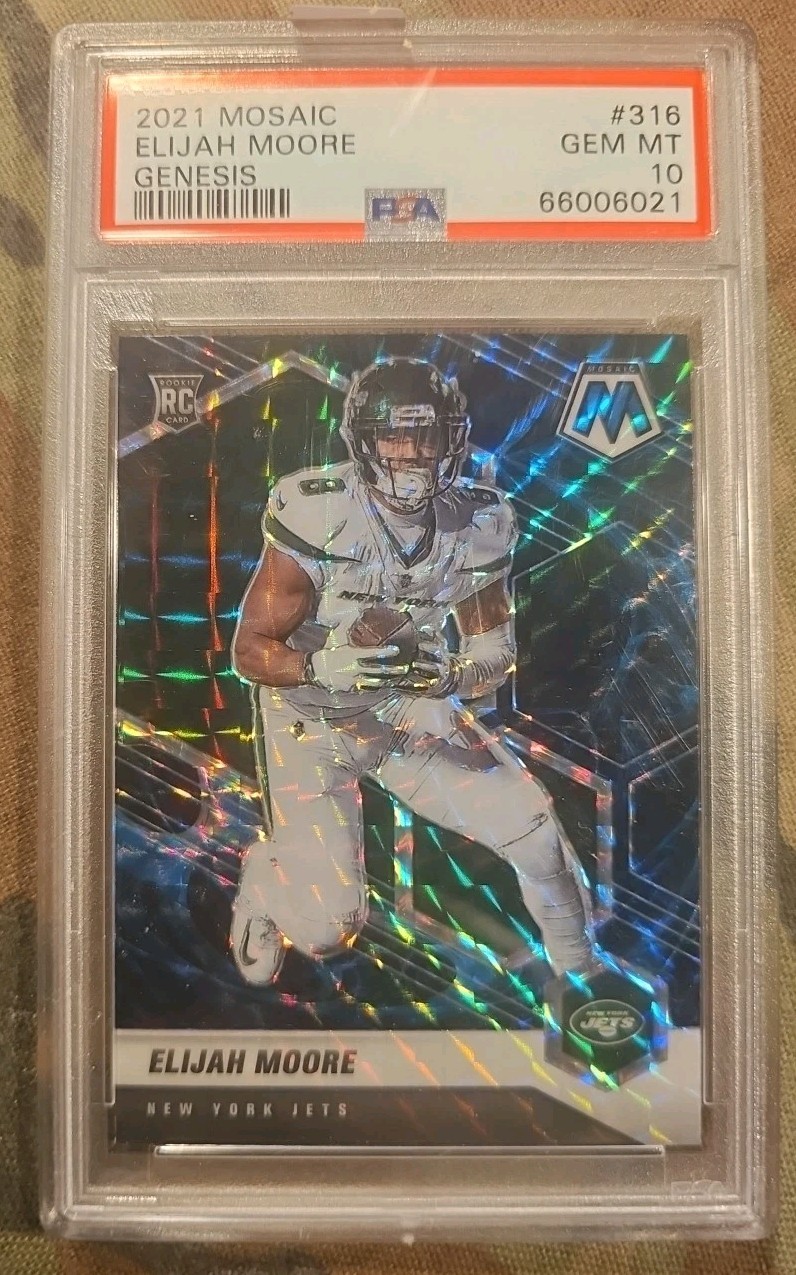 2021 Panini Mosaic Elijah Moore Genesis RC Rookie PSA 10 Gem Mint SSP Low Pop
