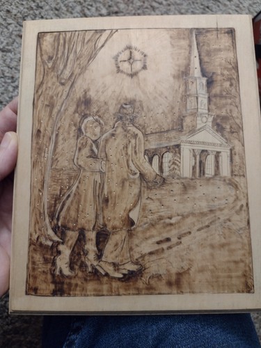 Vintage Wood Burning, Couple Walking to Church Snow Pyrography Art Wall ...