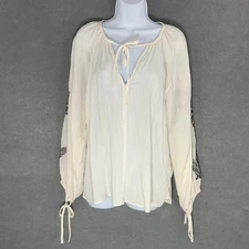 H&M Embroidered Long Sleeve Peasant Top Tie Neck Bohemian Blouse Sz S Festival
