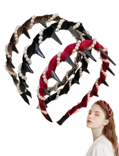 3 Pack Vintage Pearl Headbands for Women, High Cranium Non-Slip Headband with Te