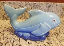 Smiling Ceramic Whale Figurine Blue Ocean Life Made in Brazil Vintage