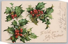 Holiday~Christmas~Sprigs Of Holly w/Clusters Of Red Berries~Ernest Nister~Vtg PC