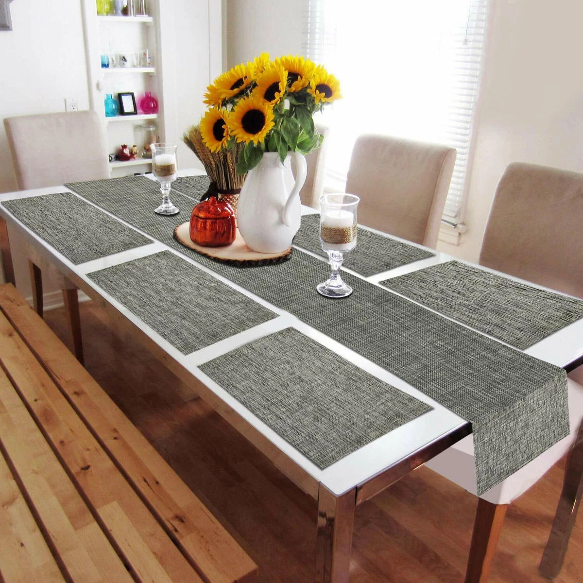 Placemats Set Of 6 + 1 Table Runner - Grey PVC Dining Table Mats with Runner