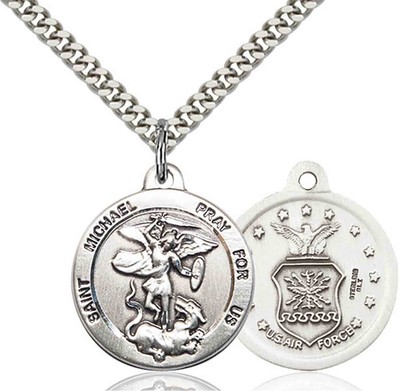 Sterling Silver Saint Michael Air Force Medal Pendant Necklace 18'' Chain GiftBox