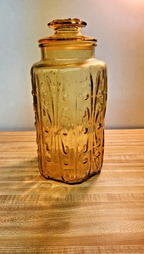 Vintage Federal Glass Canister with lid Harvest Gold Amber MCM Atterbury Scroll