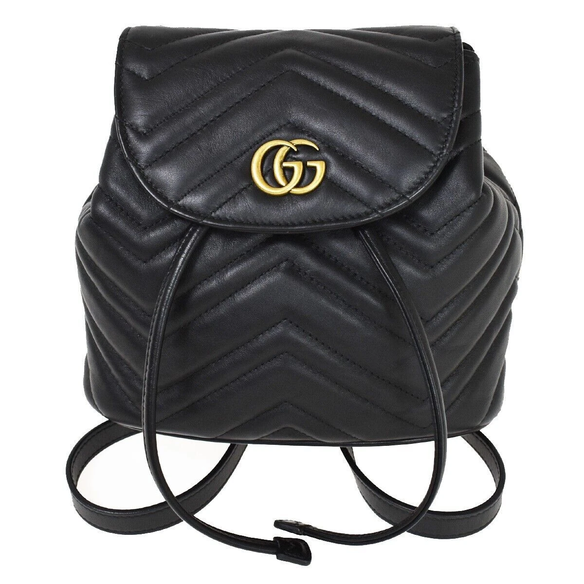 GUCCI GG Marmont Mini Chain Backpack Bag V Stitch Leather Black