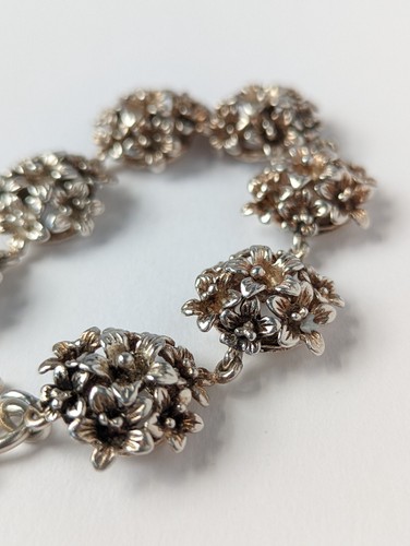 Vintage Sterling Silver 925 Floral Bracelet Forget Me Not Flower Bunch Chunky - Picture 6 of 13