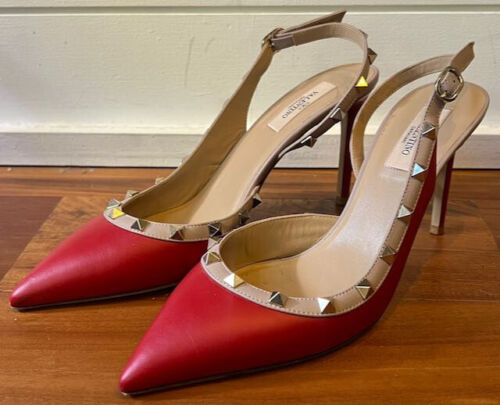 Valentino Garavani Red/Pink Leather Rockstud Slingback D’Orsay Pumps Size 10.5US - Picture 1 of 17
